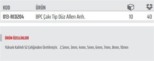 Rıco 8 Pcs Çakı Düz Allen RC0204
