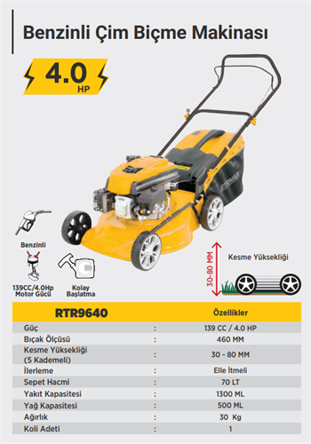 Rother Rtr9640 4.0 Hp Benzinli Çim Biçme Makinası