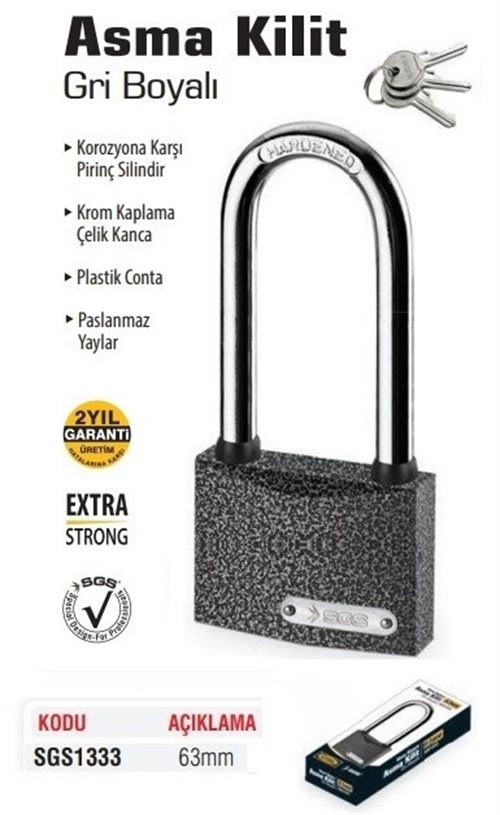 SGS Asma Kilit Uzun Gri 63 Mm SGS1333