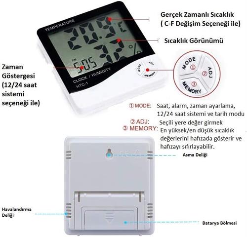 Temperature Dijital Saatli Nem Ölçer Termometre HTC-1