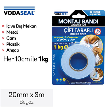 VODASEAL Çift Taraflı Köpük Montaj Bandı Beyaz 20mm*3m