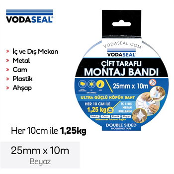 VODASEAL Çift Taraflı Köpük Montaj Bandı Beyaz 25mm*10m