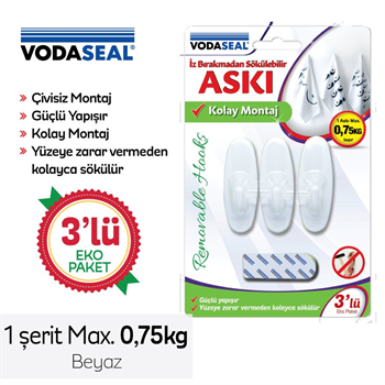 VODASEAL İz Bırakmadan Sökülebilir Askı Beyaz 3lü Max 0.75kg