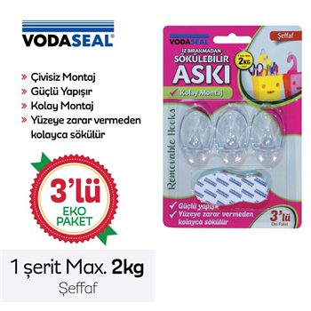 VODASEAL İz Bırakmadan Sökülebilir Askı Şeffaf 3lü Max 2kg