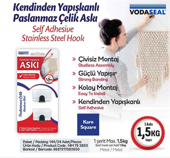 Vodaseal Kendinden Yapışkanlı 2 li Krom Askı Kare
