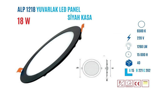 Ycl Led Panel 18W Beyaz Renk Siyah Kasa ALP-1218