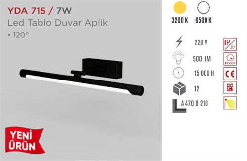 Ycl Led Tablo Aplik Beyaz Işık Siyah Kasa YDA-715