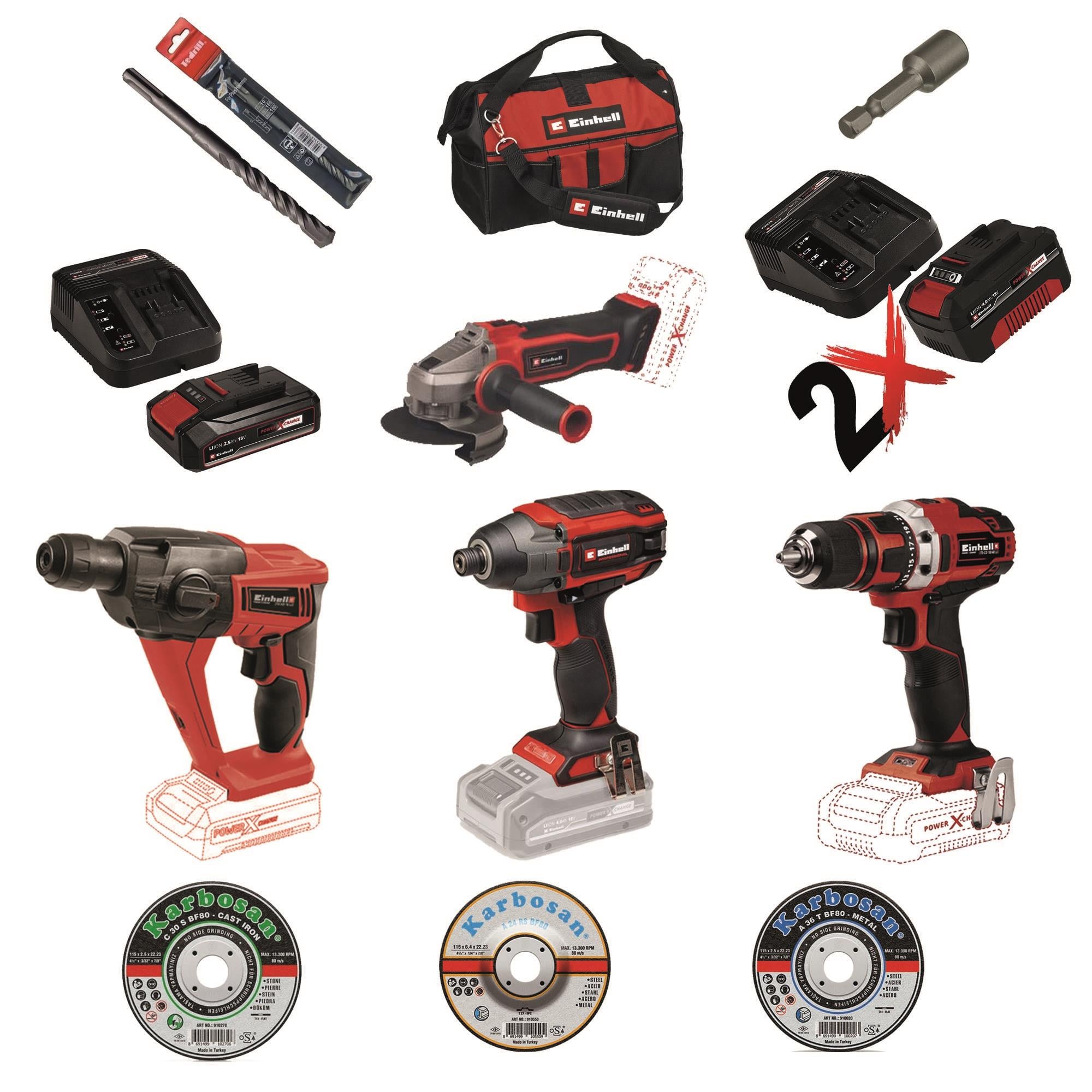 Einhell 18V Professional Set – Darbeli Vidalama, Pnömatik Matkap, Vidalama, Taşlama + Çanta, Tam Aksesuar + 2x4.0 Ah + 1x2,5 Ah ve Şarj AletiAkülü Darbeli Matkaplar
