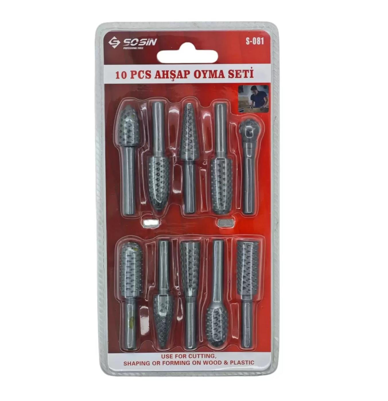 Sosin S-081 Tahta Ahşap Oyma Seti Döner Törpü 10 Parça Freze Uçları