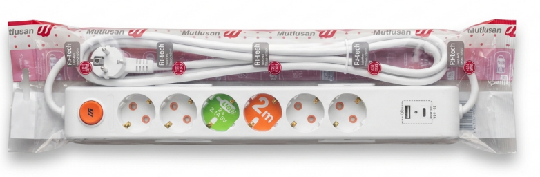 Mutlusan Ri-Tech Altılı Usb+Type-C Grup Priz Ç.K 2 MT 0011756501020200Priz & Anahtar Çeşitleri