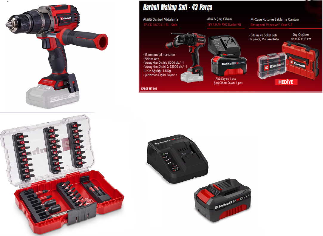 Einhell Darbeli Matkap Set 43 Parça Kprof Set 001Akülü Darbeli Matkaplar