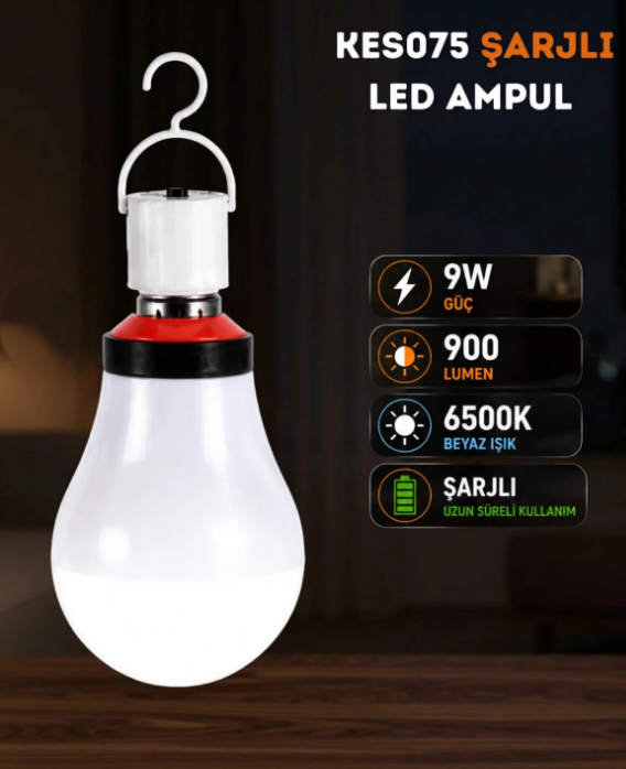 K2 Led Şarjlı Ampul E27 9W Beyaz  Kes075Led Ampuller