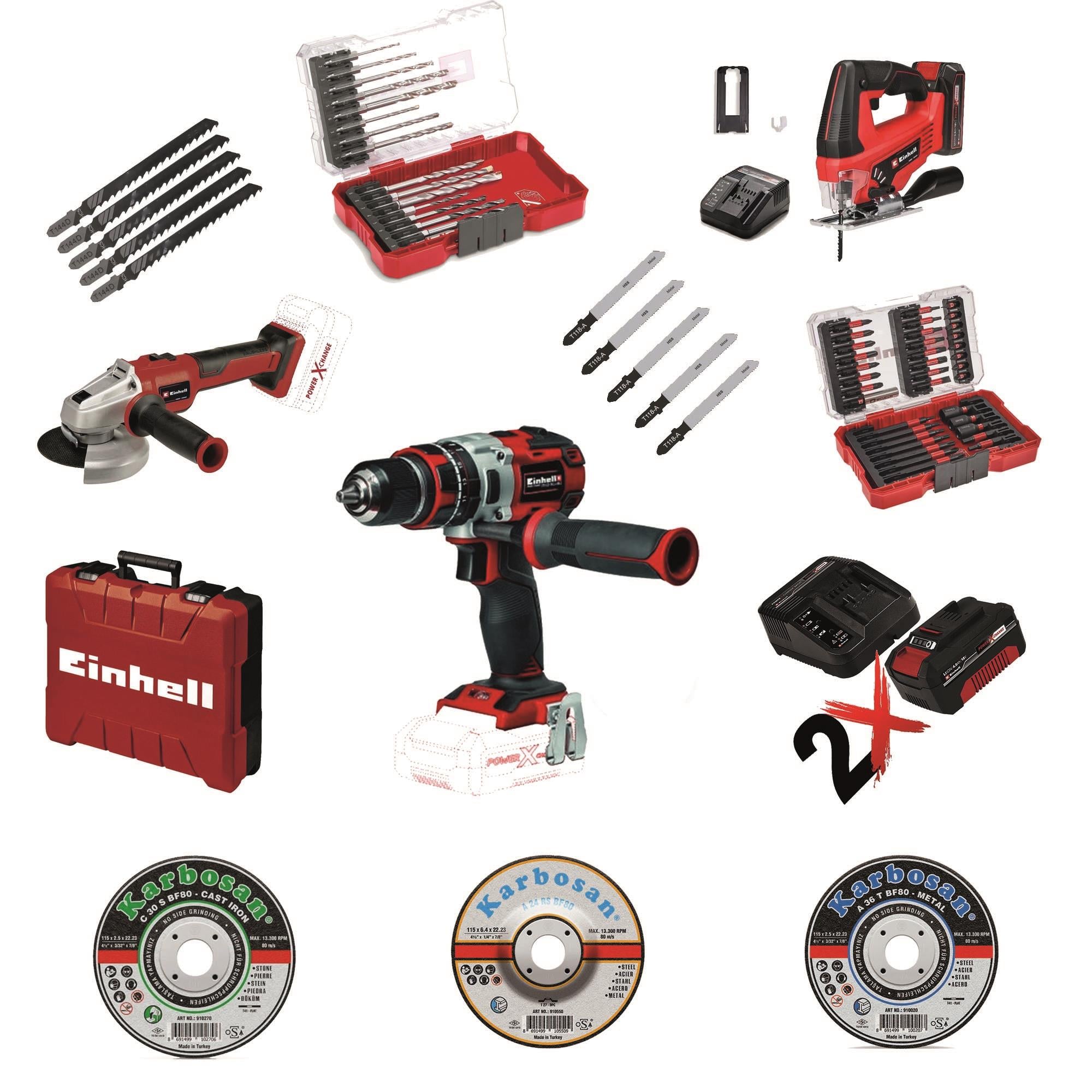 Einhell 18V Professional Akülü Kit – Darbeli Matkap, Dekupaj, Taşlama + Tam Aksesuar Seti ve Taşıma Çantası 2x4,0ah Akü + Şarj CihazıAkülü Darbeli Matkaplar
