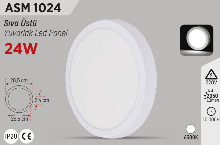 YCL Beyaz 24W Sıva Üstü Yuvarlak Led Panel ASM-1024Led Panel Armatürler