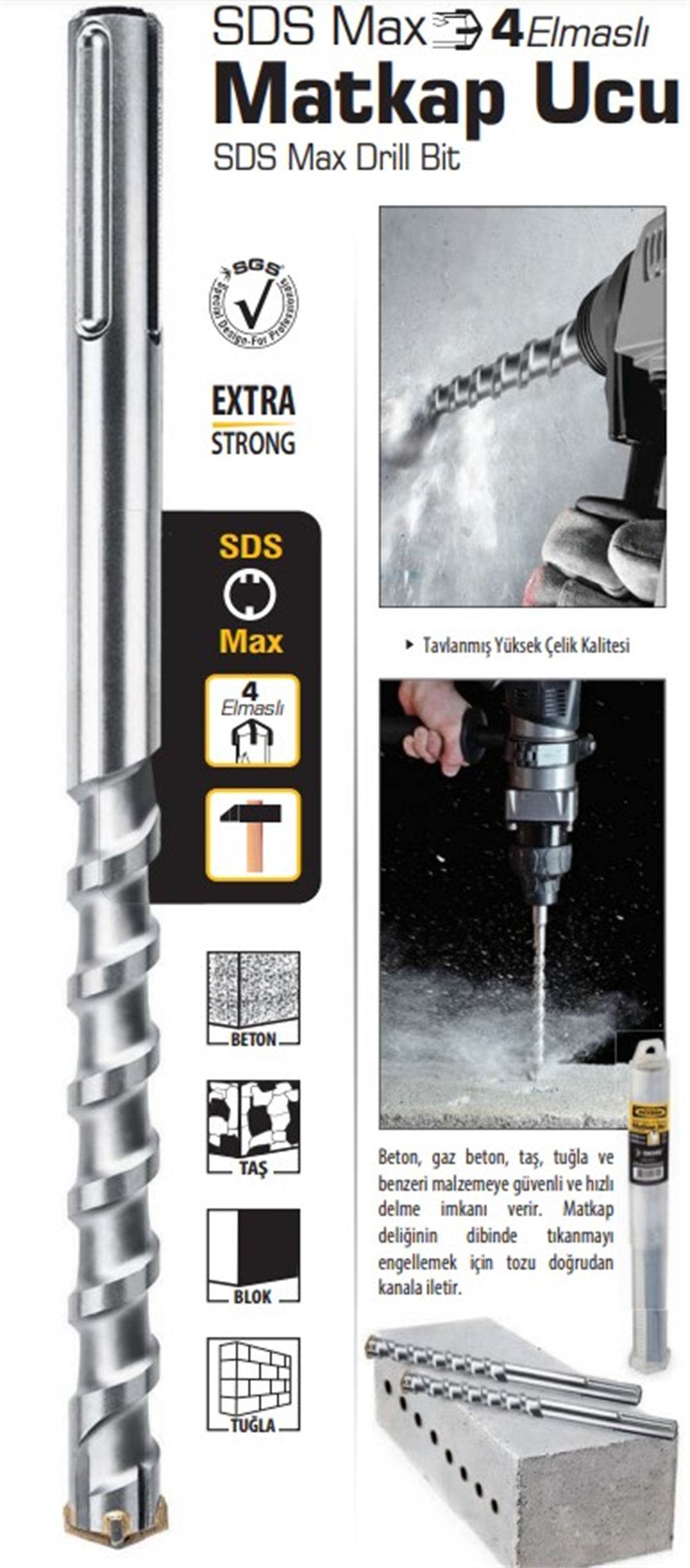 SGS Sds-Max 4 Elmaslı Matkap Ucu 30 X 570mm SGS1618Matkap Uçları