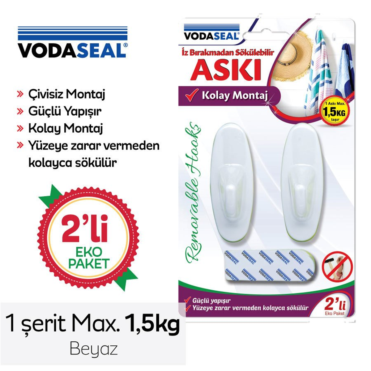 VODASEAL İz Bırakmadan Sökülebilir Askı Beyaz 2'li Max 1.5kg