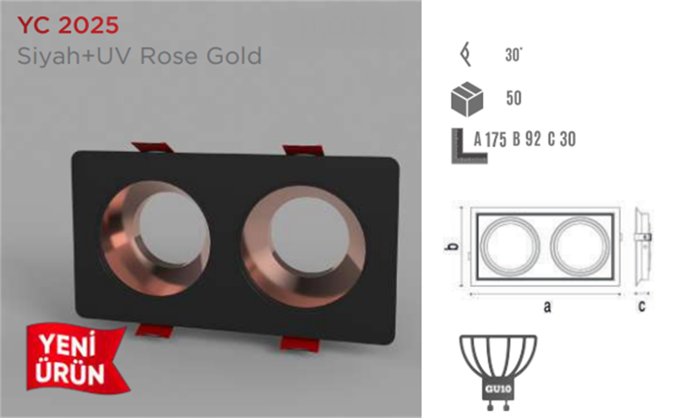 Ycl Dekoratif Modern Spot Kasa Siyah + Uv Rose Golden Sıva Altı YC-2025Spot Lambalar