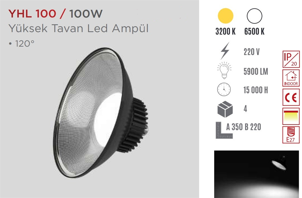 Ycl Yüksek Tavan Led Ampul Beyaz 100W E27 YHL-100Led Ampuller