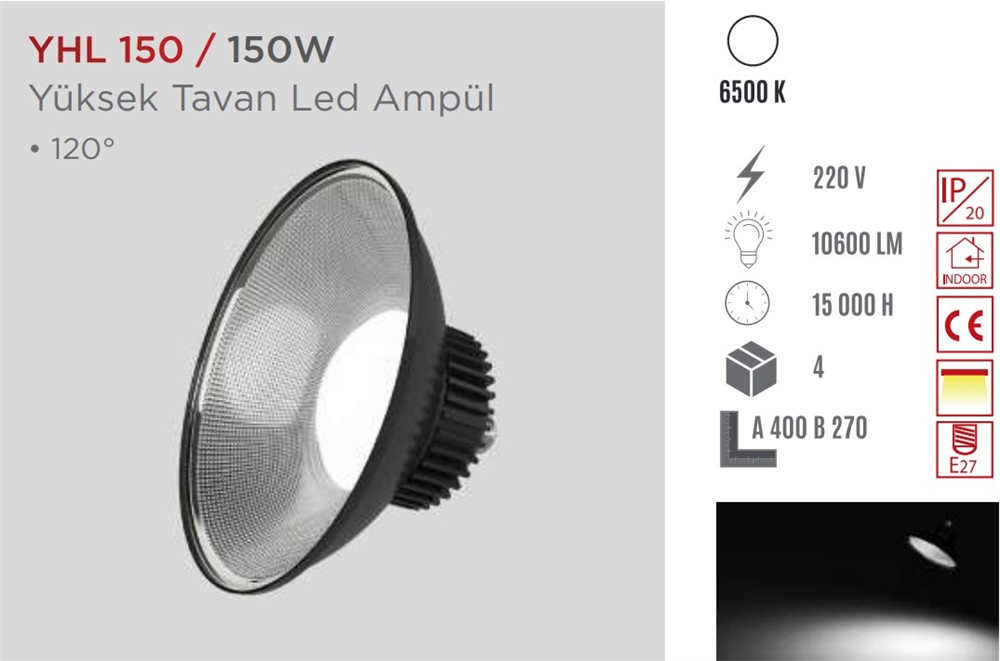 Ycl Yüksek Tavan Led Ampul Beyaz 150W E27 YHL-150Led Ampuller
