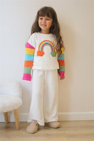 Kız Çocuk Örgü Motifli Sweatshirt TakımVMC-1562-BEYAZ