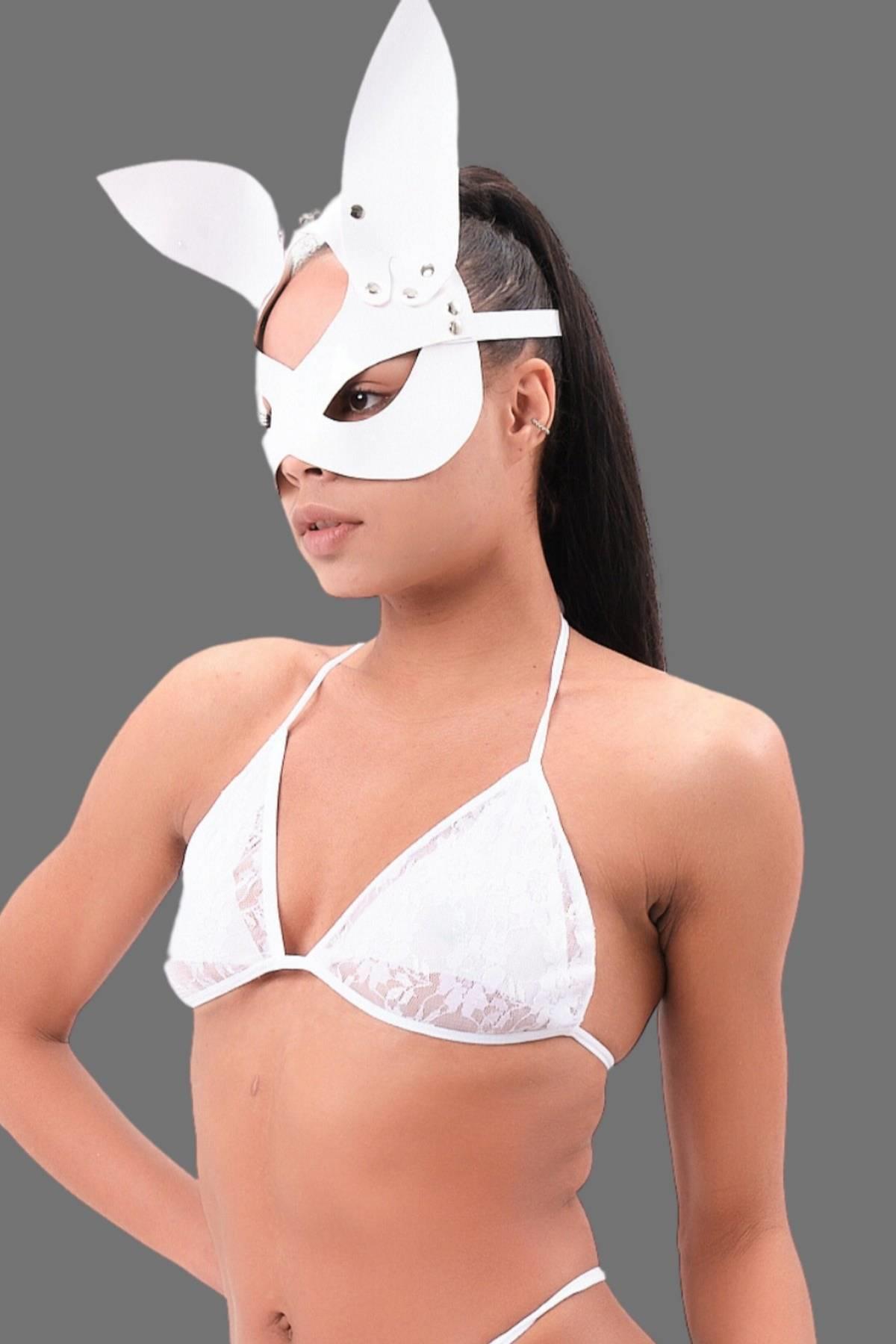 Beyaz Deri Tavşan Kulaklı Maske Ve Sütyen Set 800621 - Harness Deri Üst