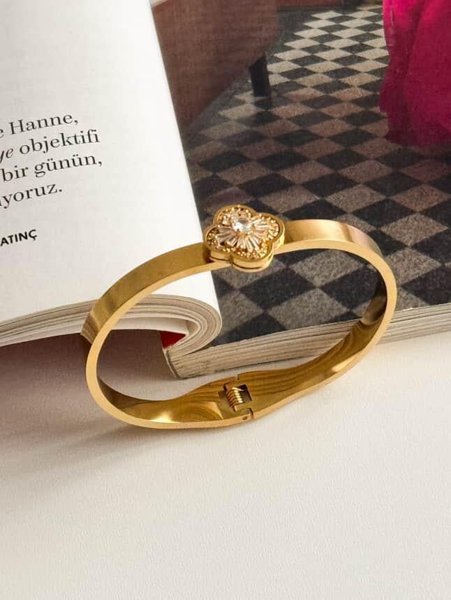 Çelik Gold Baget Taşlı One Cleef Kelepçe Bilezik 