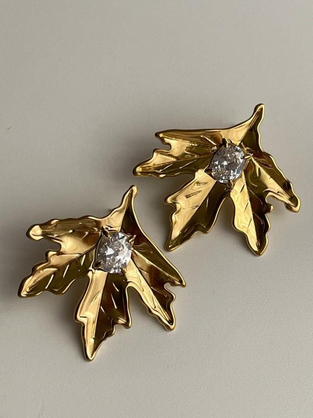 Çelik Gold Baget Taşlı Yaprak Küpe (4 Cm)