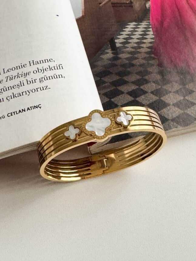 Çelik Gold Beyaz Detaylı One Cleef Kelepçe Bilezik 