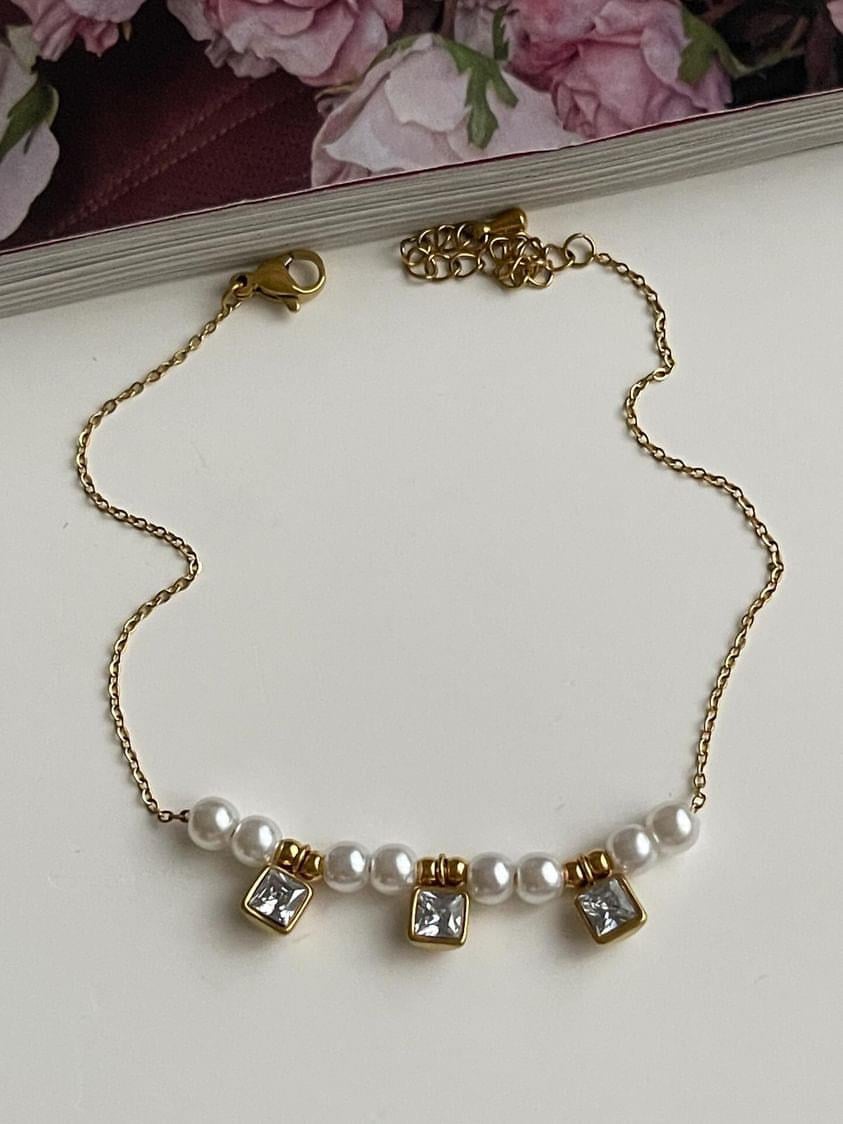 Çelik Gold Beyaz İncili Halhal (27 Cm)