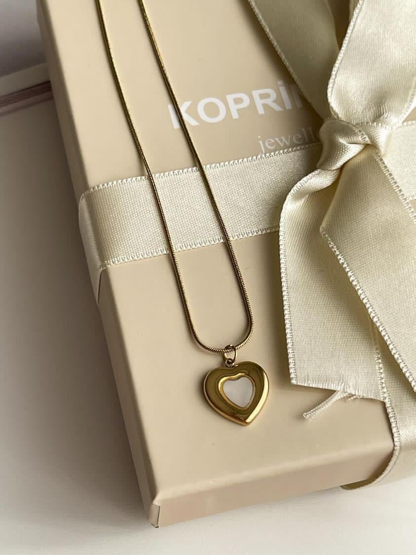Çelik Gold Beyaz Sedefli Kalp Kolye (46 Cm)