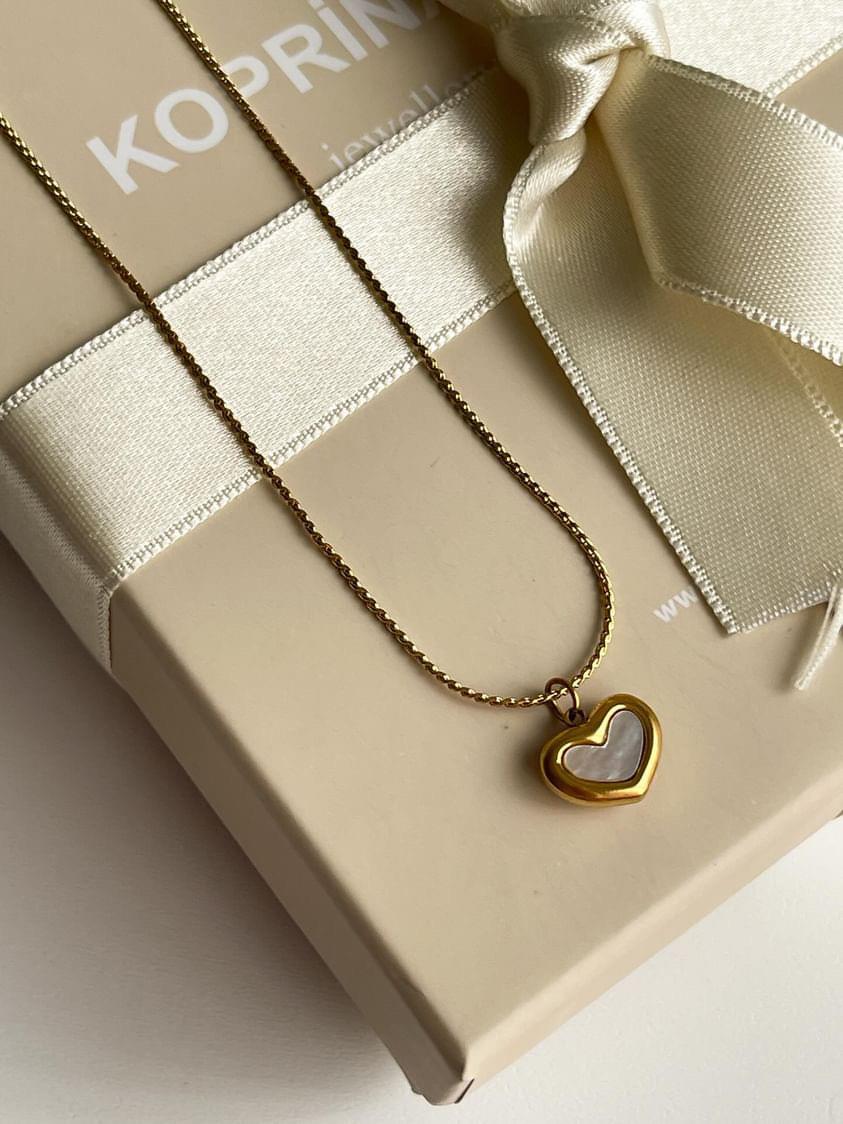 Çelik Gold Beyaz Sedefli Minimal Kalp Kolye (44 Cm)