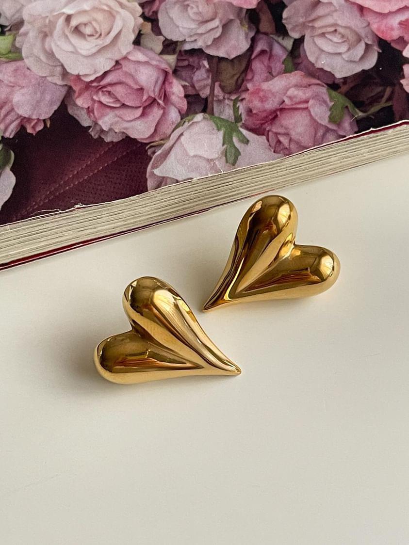 Çelik Gold Bombeli Etli Kalp Küpe (2.5 Cm)