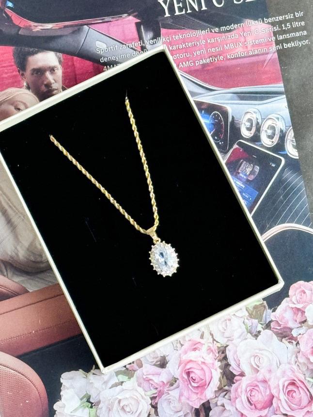 Çelik Gold Burgu Halat Baget Taşlı Kolye (50 Cm)