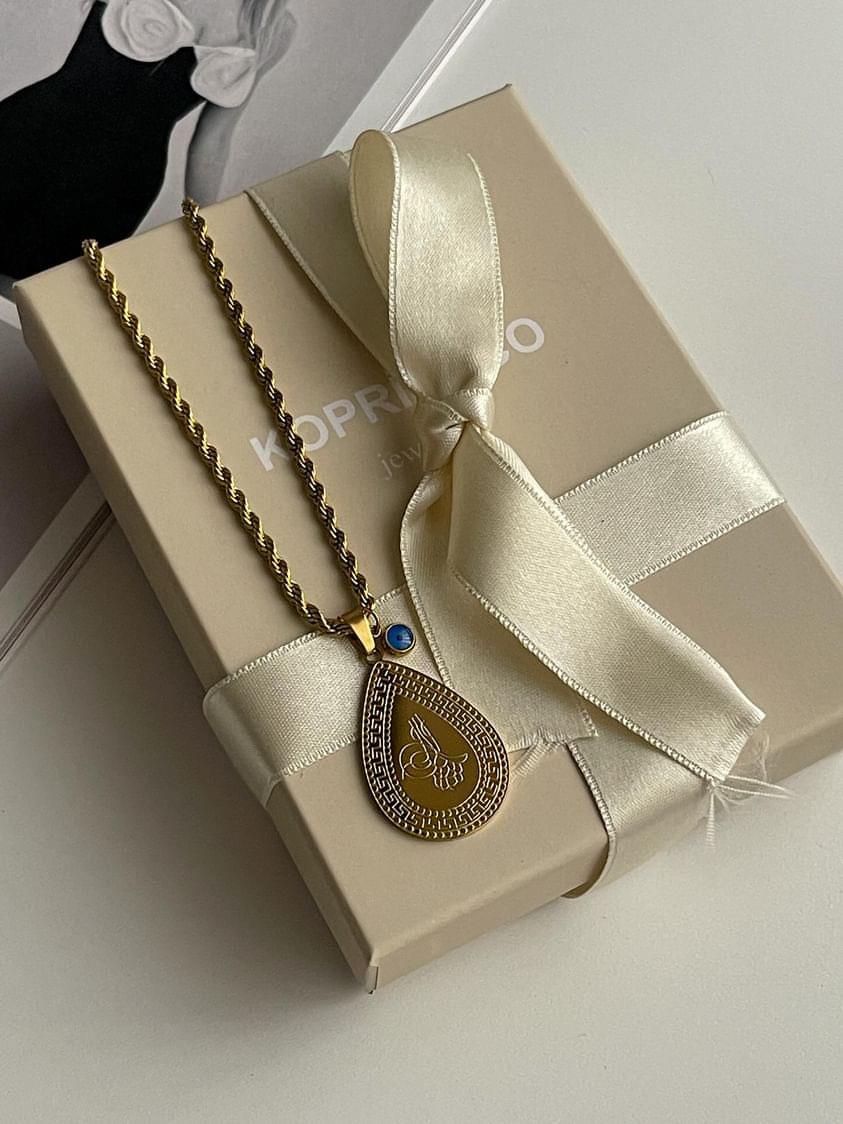 Çelik Gold Burgu Halat Nazar Boncuklu Maide Kolye (47 Cm)