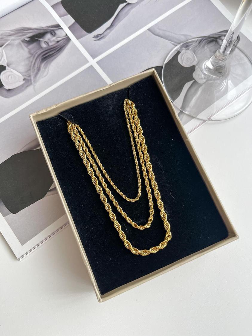 Çelik Gold Burgu Halat Üçlü Birleşik Kombin Kolye (7 Numara) (58 Cm)