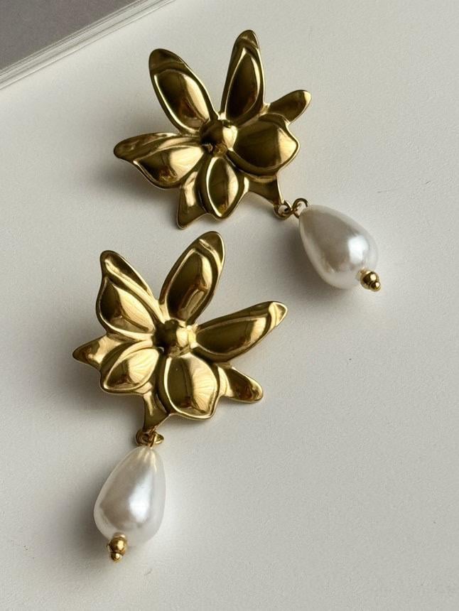 Çelik Gold Çiçek Damla İncili Küpe (3.5 Cm)