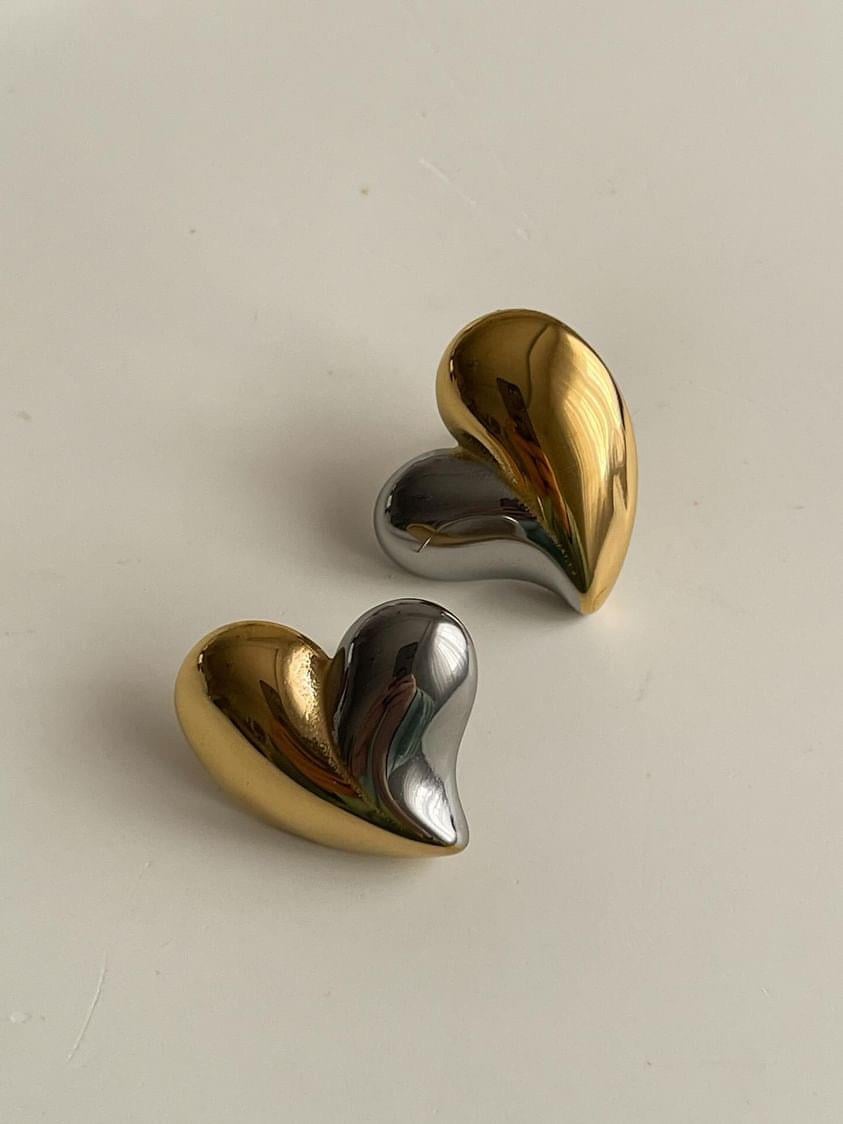 Çelik Gold Gümüş Kombinli Etli Bombeli Kalp Küpe (2.5 Cm)