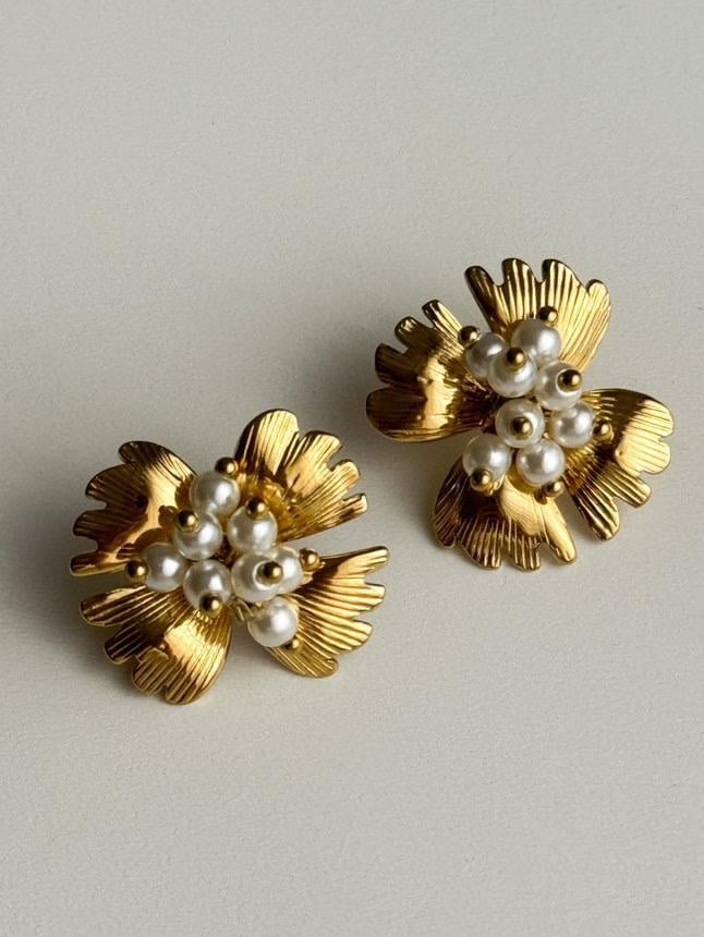 Çelik Gold İncili Çiçek Küpe (2 Cm)