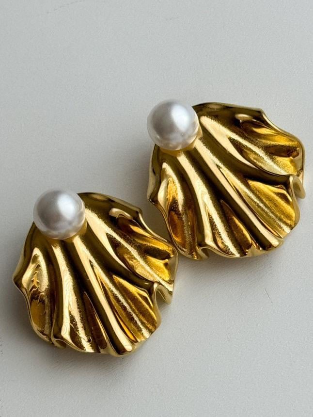 Çelik Gold İncili Midye Küpe (3.5 Cm)