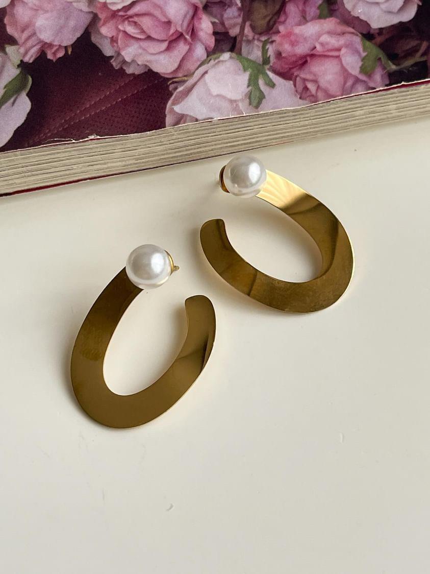 Çelik Gold İncili Plaka Küpe (3.40 Cm)