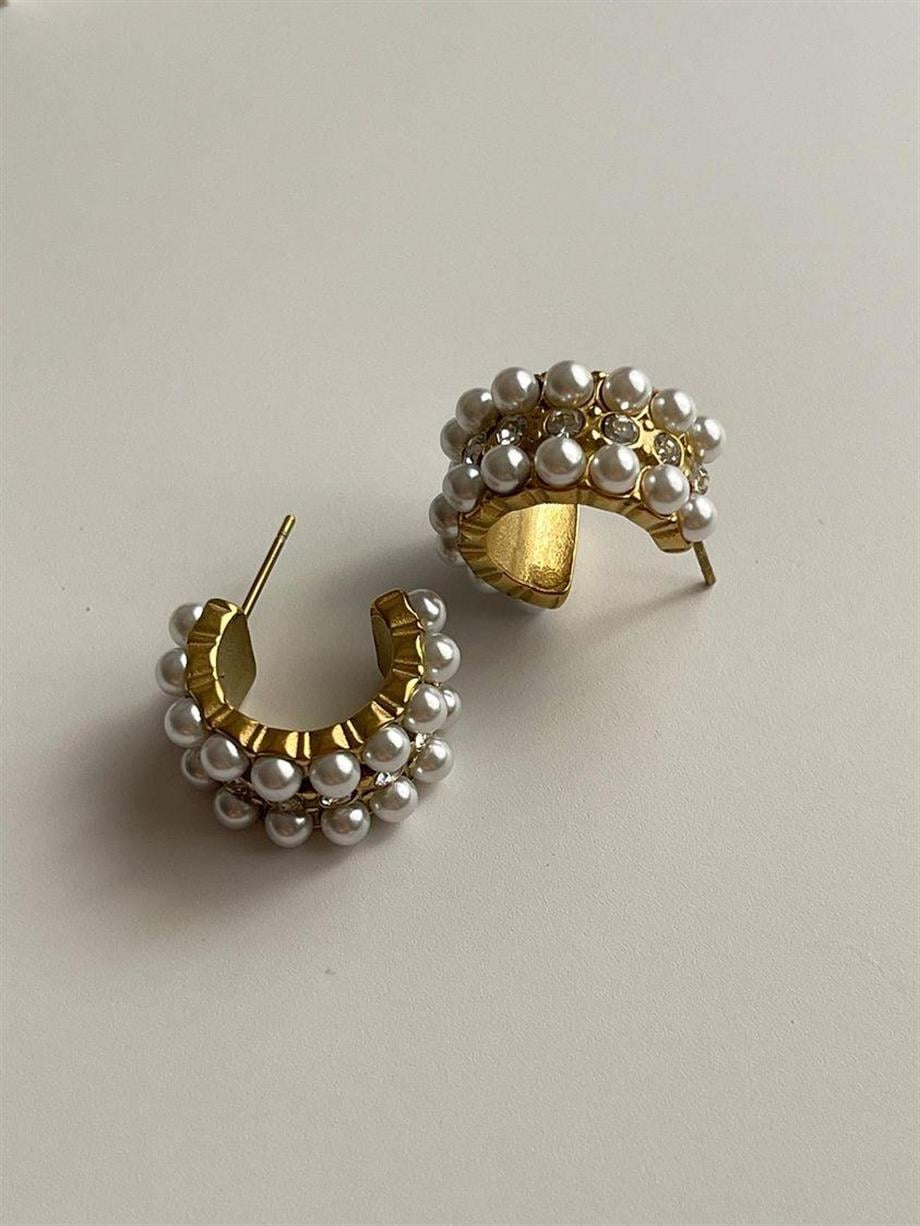 Çelik Gold İncili Taşlı Küpe (2 Cm)