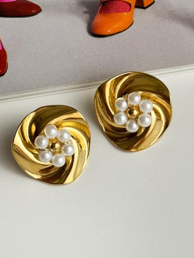 Çelik Gold İncili Vintage Küpe (2 Cm)