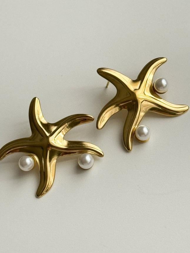 Çelik Gold İncili Yıldız Küpe (3.5 Cm)