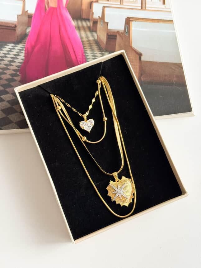 Çelik Gold Kalpli Dörtlü Birleşik Olmayan Kombinli Kolye (65 Cm)