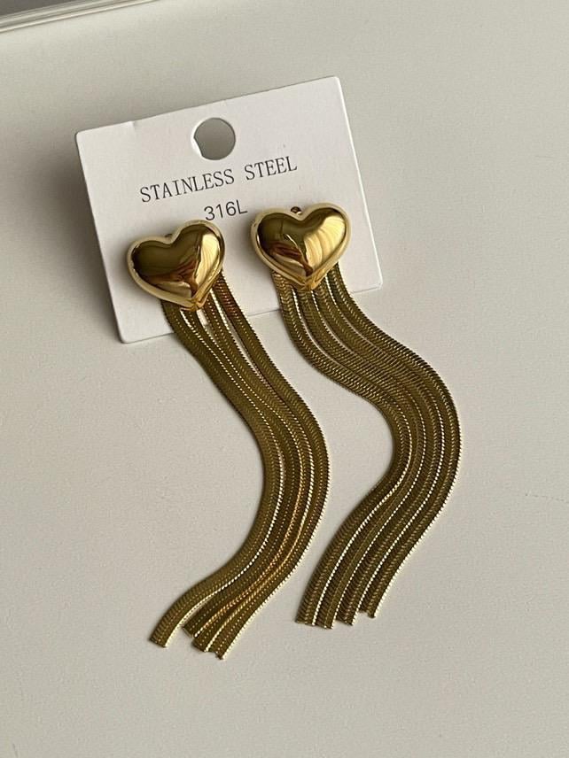 Çelik Gold Kalpli İtalyan Zincirli Uzun Küpe (8.5 Cm)