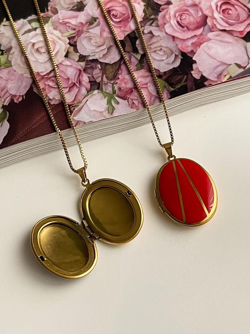Çelik Gold Kırmızı Oval İçi Açılabilen Kolye (50 Cm)