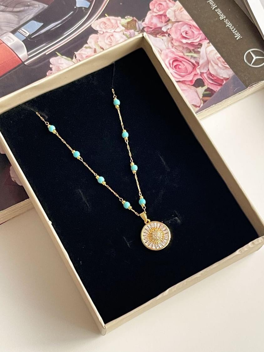 Çelik Gold Mavi Boncuklu Baget Taşlı Kolye (48 Cm)