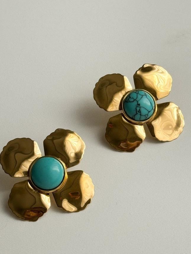 Çelik Gold Mavi Firuze Taşlı Çiçek Küpe (3.20 Cm)