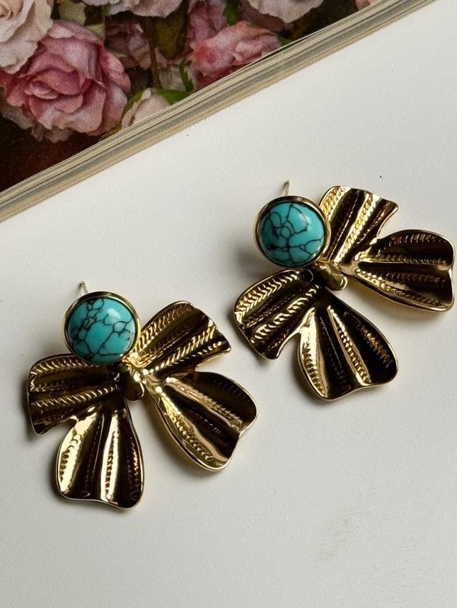 Çelik Gold Mavi Firuze Taşlı Fiyonk Küpe (4 Cm)