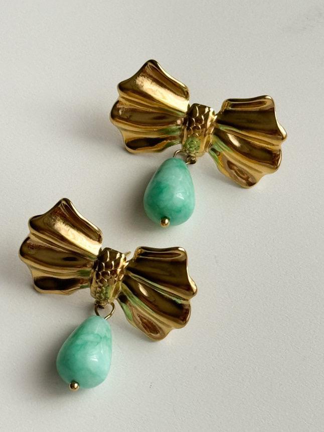 Çelik Gold Mavi Firuze Taşlı Fiyonk Küpe (3.5 Cm)